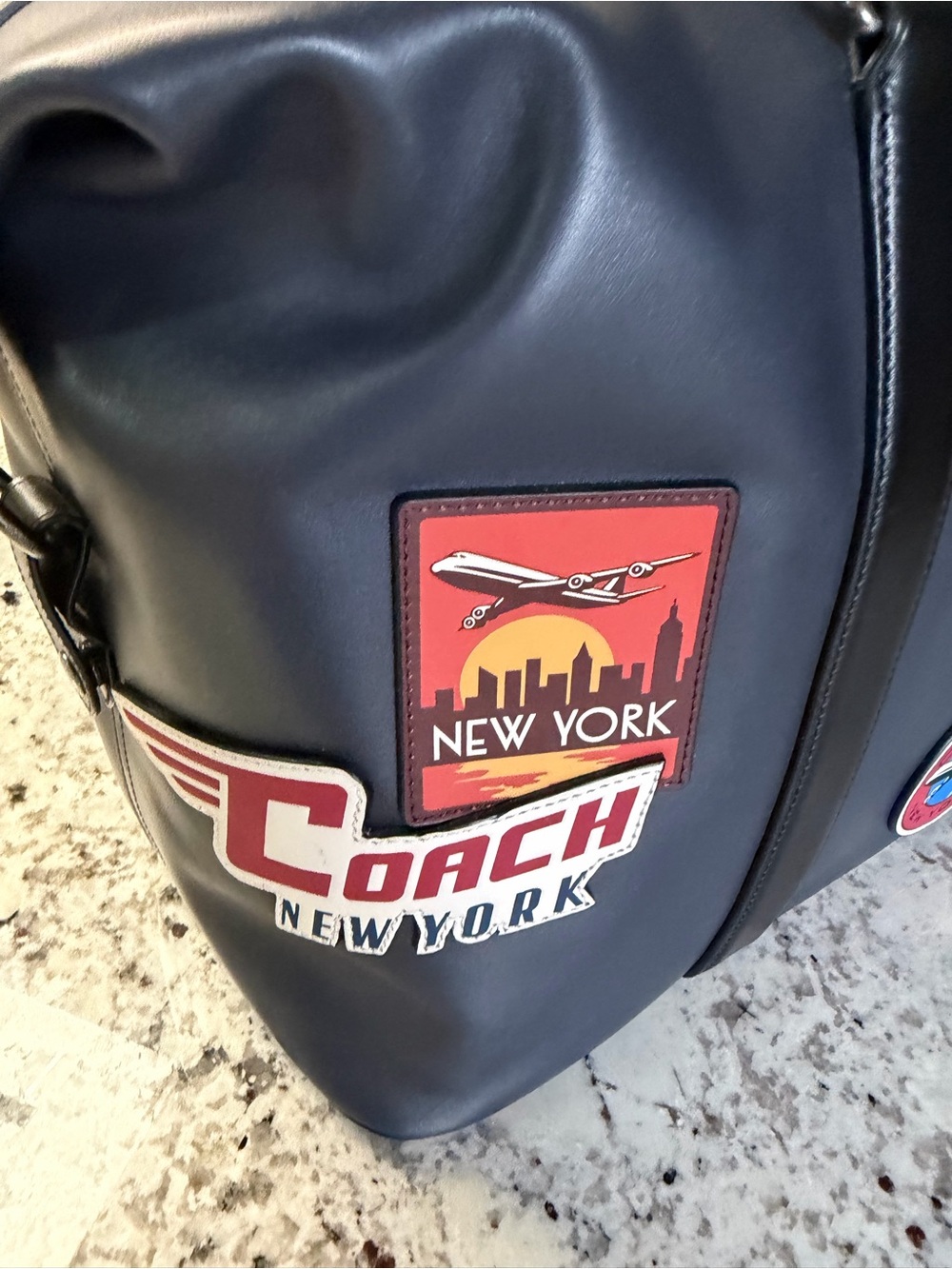 Coach Navy Leather Duffel with Colorful Travel Patch Accents - Picture 7 of 12
